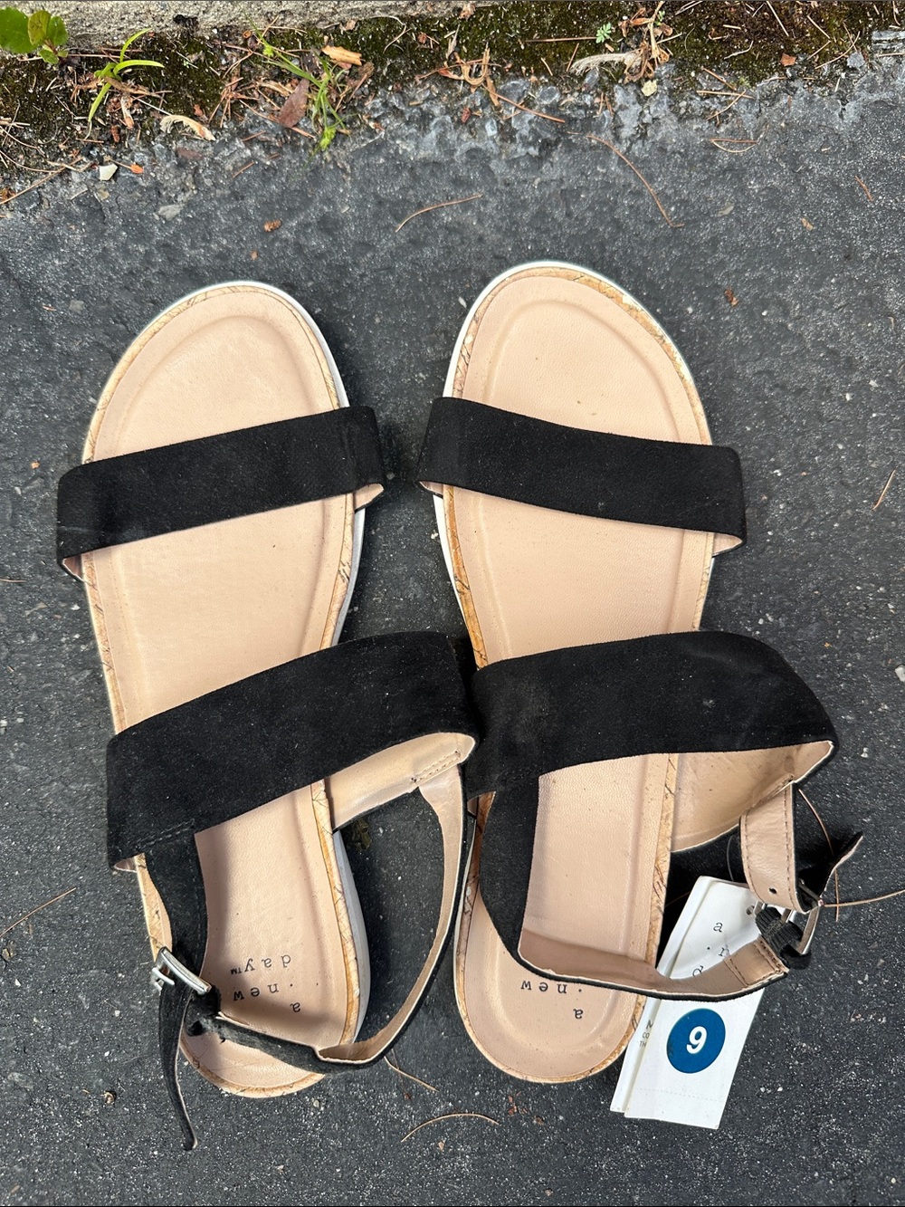 a new day Black Strappy Flat Sandals with Tan Footbed